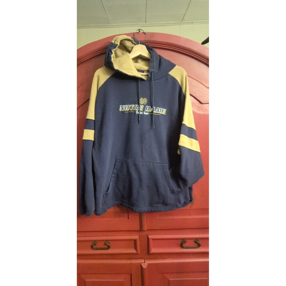 Vtg 90s Notre Dame Fighting Irish Hoodie XL Active Navy Blue Gold Spellout EUC